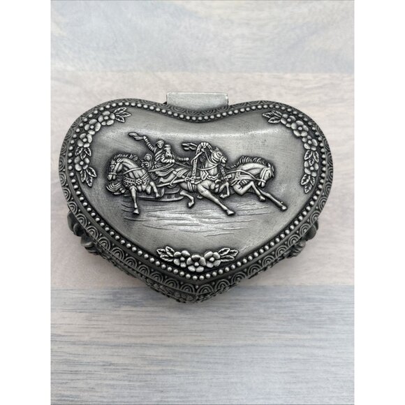 Pewter Heart Shaped Jewelry Box Horses Flowers Trinket from Dubai - Picture 1 of 11